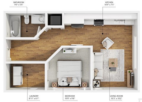 Floor plan for 1 bed, 1 bath, 530 sqft